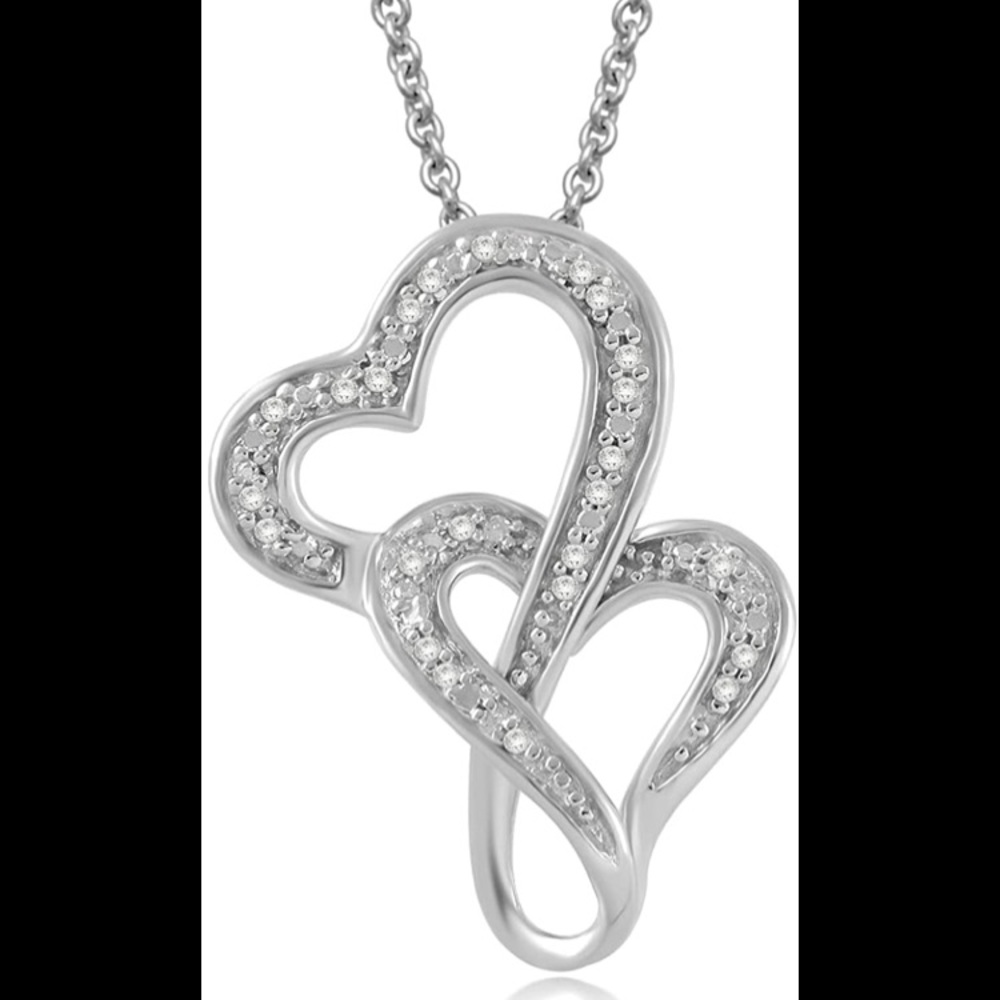 Cubic Zirconia 14K White Gold Finish Double Heart Necklace